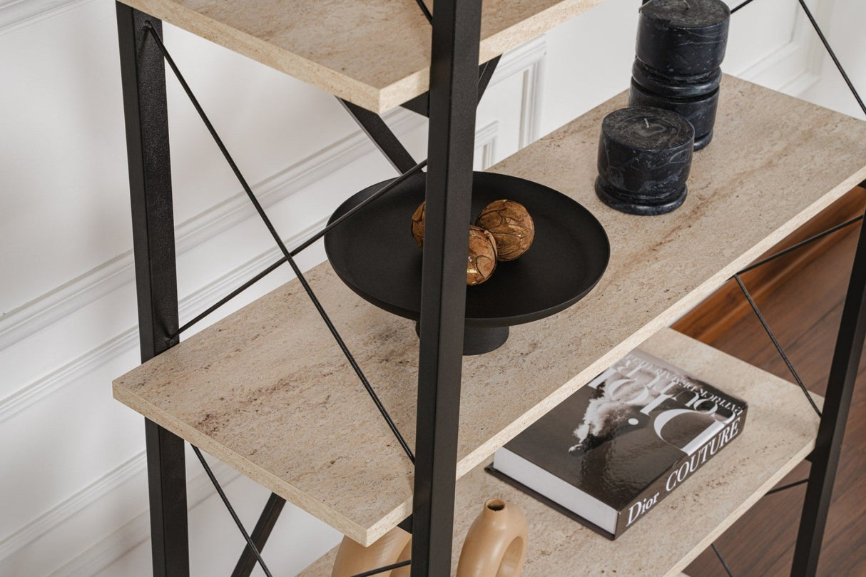 Boekenkasten - Industriële boekenkast travertin melamine Ely - zwart frame - 180x90 cm - Dimehouse