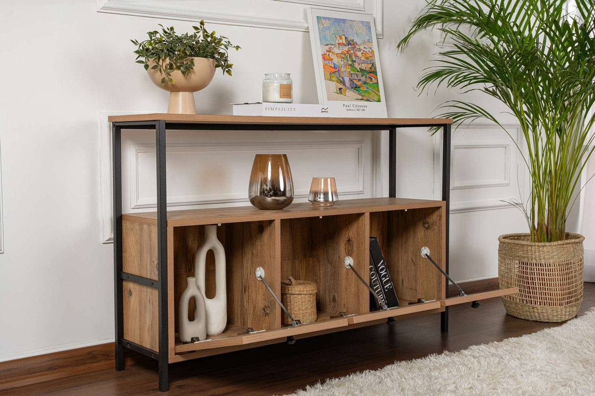 Sideboard Atlantische Kiefer Saloce - Schwarzer Rahmen - Drei Fächer - 120x77 cm 