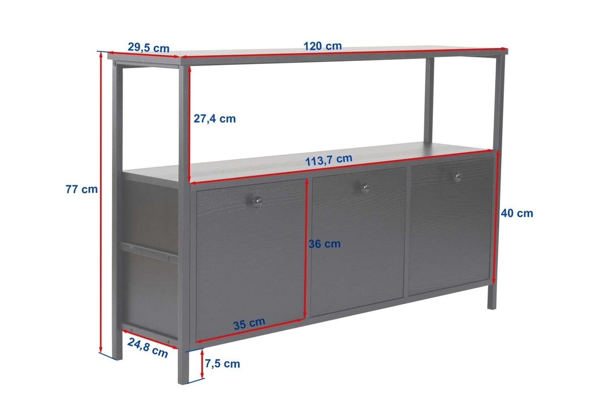 Sideboard Atlantische Kiefer Saloce - Schwarzer Rahmen - Drei Fächer - 120x77 cm 