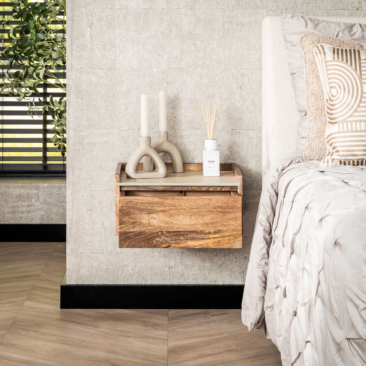 Orto Hängender Nachttisch 1 Schublade Mangoholz Keramik 