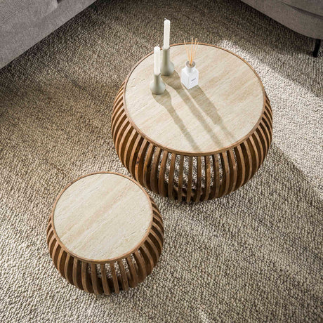 Vento Curve Couchtisch Ø75 massiv Mango Sand Set von 2 