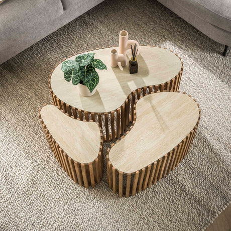 Vento nierenförmiger Couchtisch-Set aus 3 Travertin massivem Mango Sand 