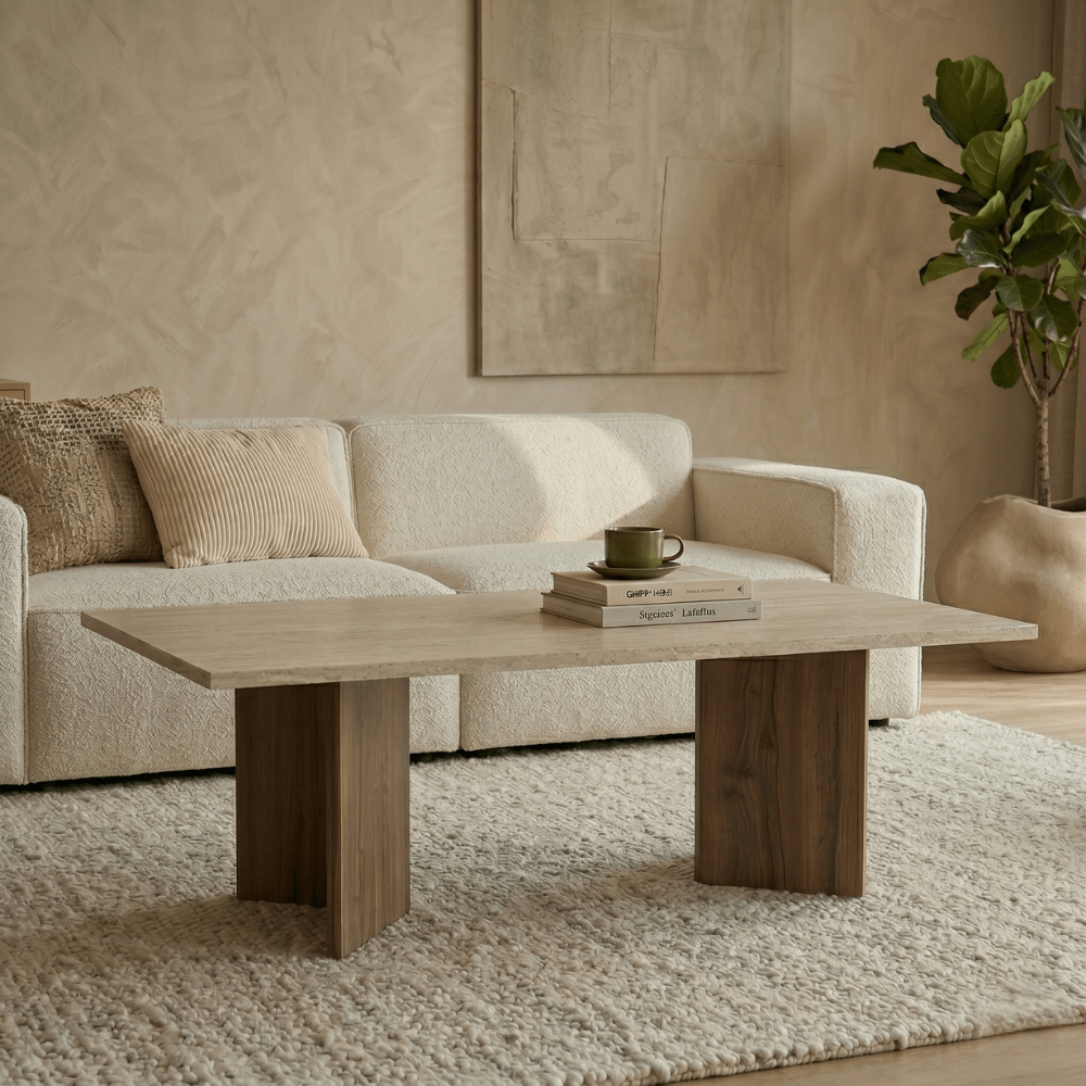 Rechteckiger Couchtisch aus Walnuss-Melamin mit Travertinplatte Sabin 119x60 cm