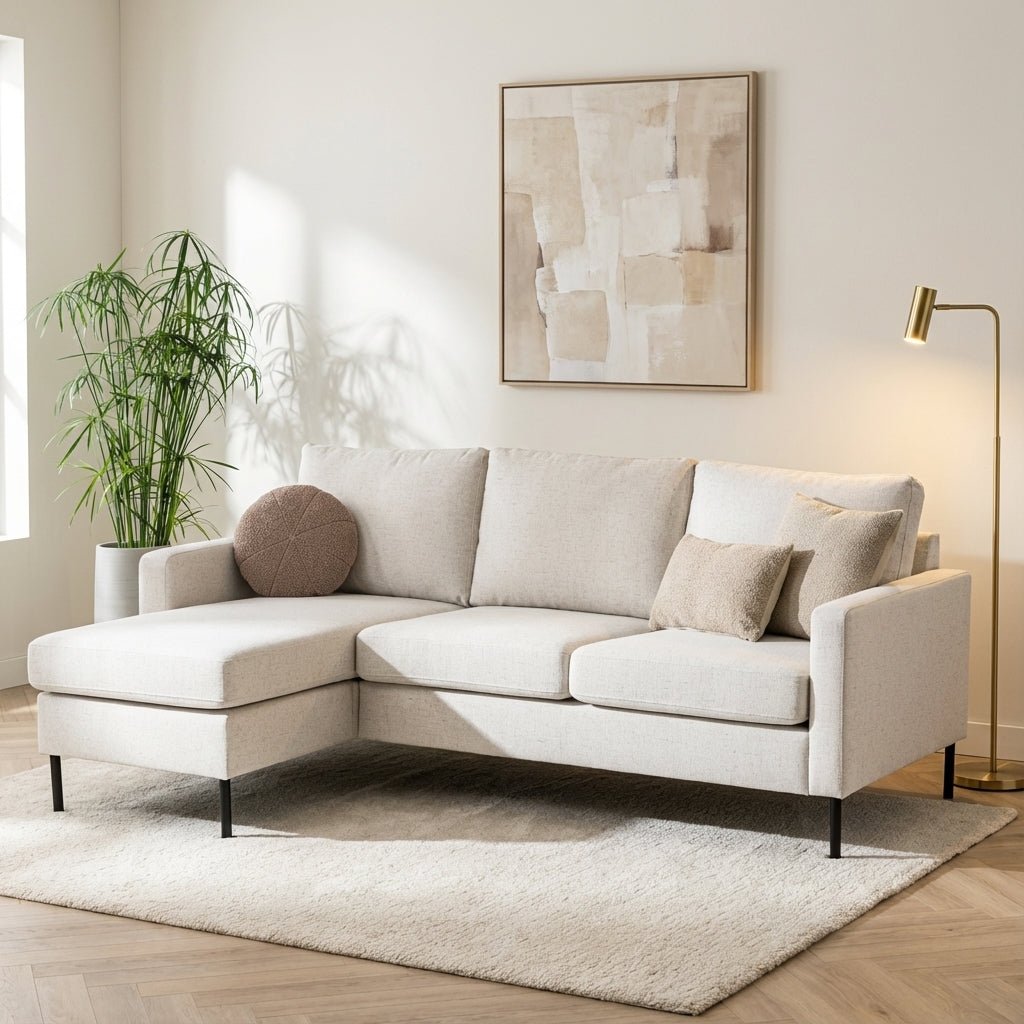 3-zits hoekbank Flavie stof beige links en rechts sfeerfoto in modern interieur