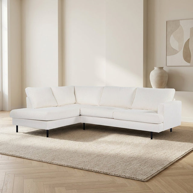 3-zits hoekbank Niya bouclé wit sfeerfoto in modern interieur