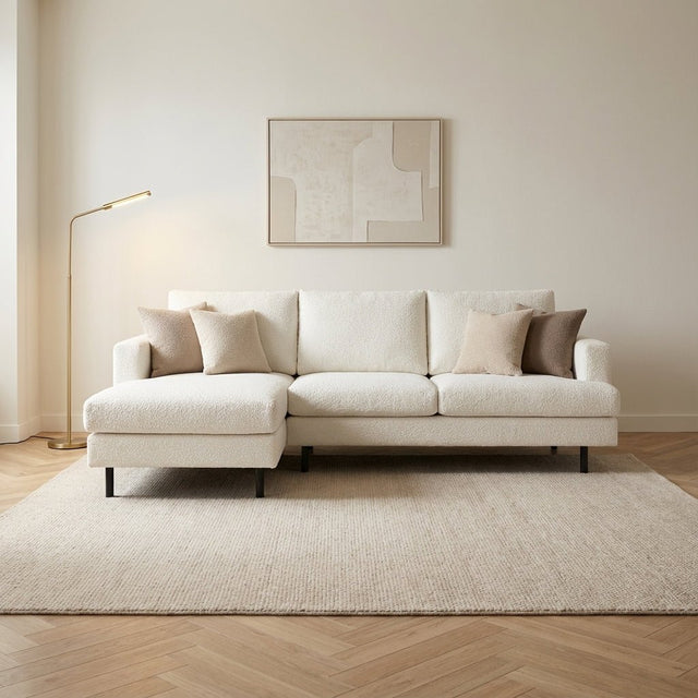 3-zits hoekbank chaise longue Giselle bouclé wit sfeerfoto in modern interieur