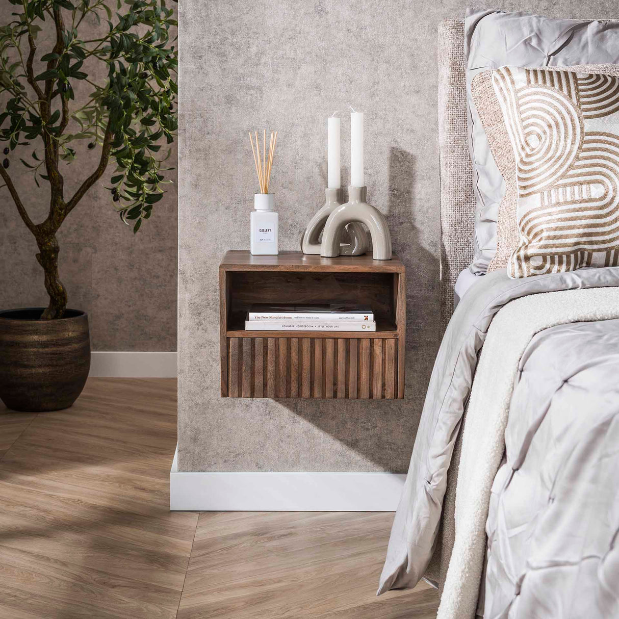 Schwebender Nachttisch Acacia Drift Brown – 1 Schublade 