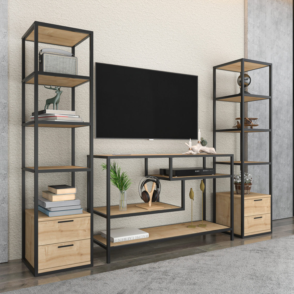 TV -Möbel Set Robbins Black Black Eiche Melamin 198x160x39 cm