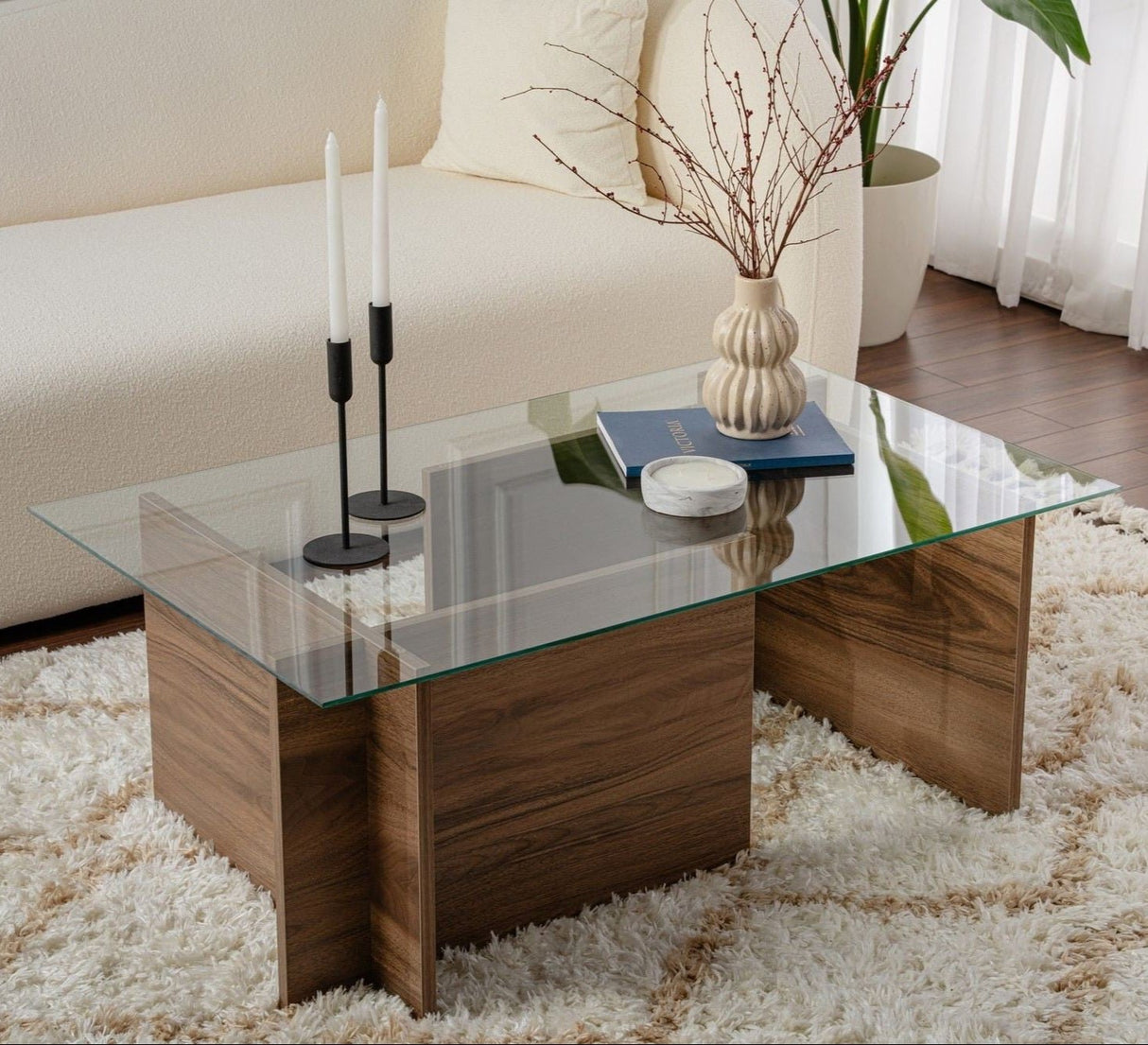 Rechteckiger Moderner Couchtisch Vetroni Walnussoptik - Glas - 105x65 cm 