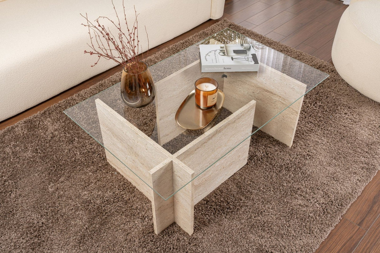 Rechteckiger Moderner Couchtisch Vetroni Travertin Look - Glas - 105x65 cm 