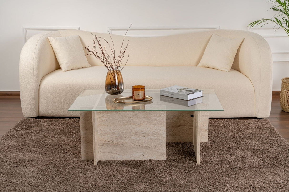 Rechteckiger Moderner Couchtisch Vetroni Travertin Look - Glas - 105x65 cm 