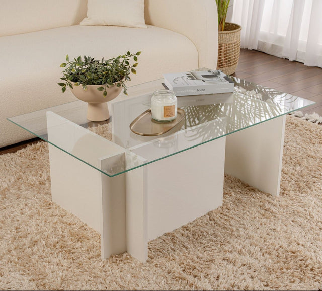 Rechteckig modern Couchtisch Vetroni Weiße Holzoptik - Glas