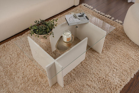 Rechteckiger Moderner Couchtisch Vetroni Weiß Holzoptik - Glas - 105x65 cm 