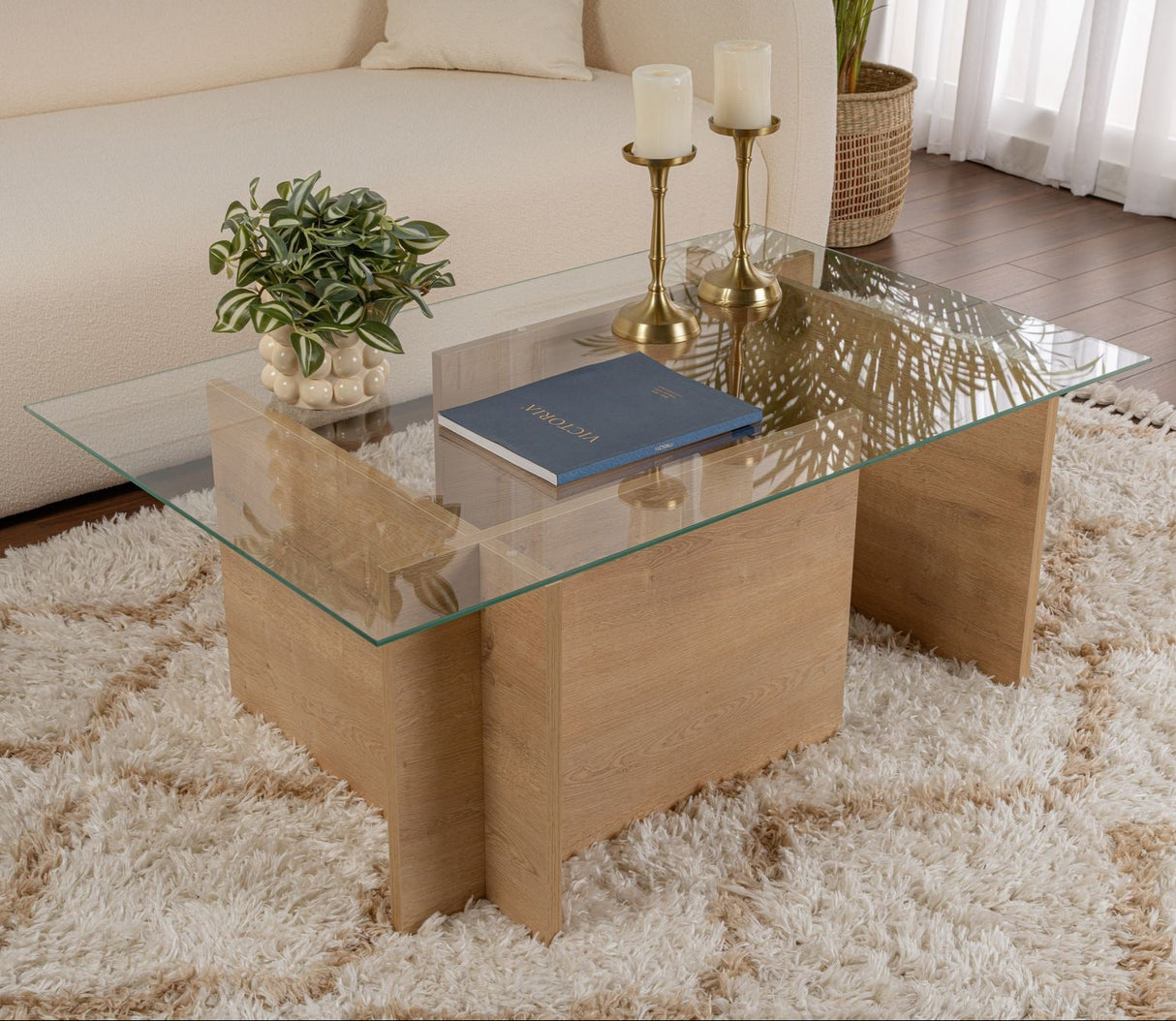 Rechteckiger Moderner Couchtisch Honig Eichenholz Look - Glas - 105x65 cm 