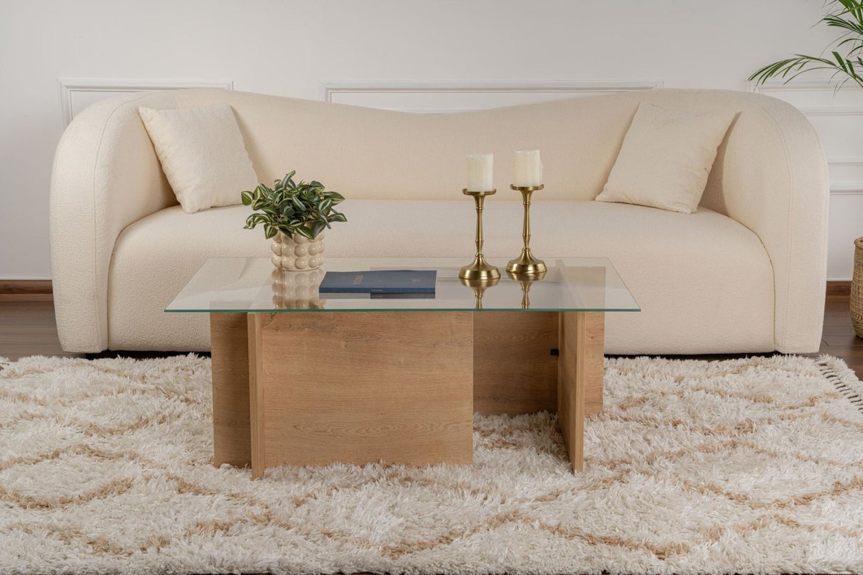 Rechteckiger Moderner Couchtisch Honig Eichenholz Look - Glas - 105x65 cm 