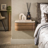 Zwevend nachtkastje met 1 lade keramiek travertin eikenhout Cady