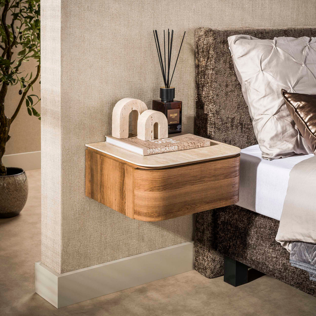 Zwevend nachtkastje met 1 lade keramiek travertin eikenhout Cady