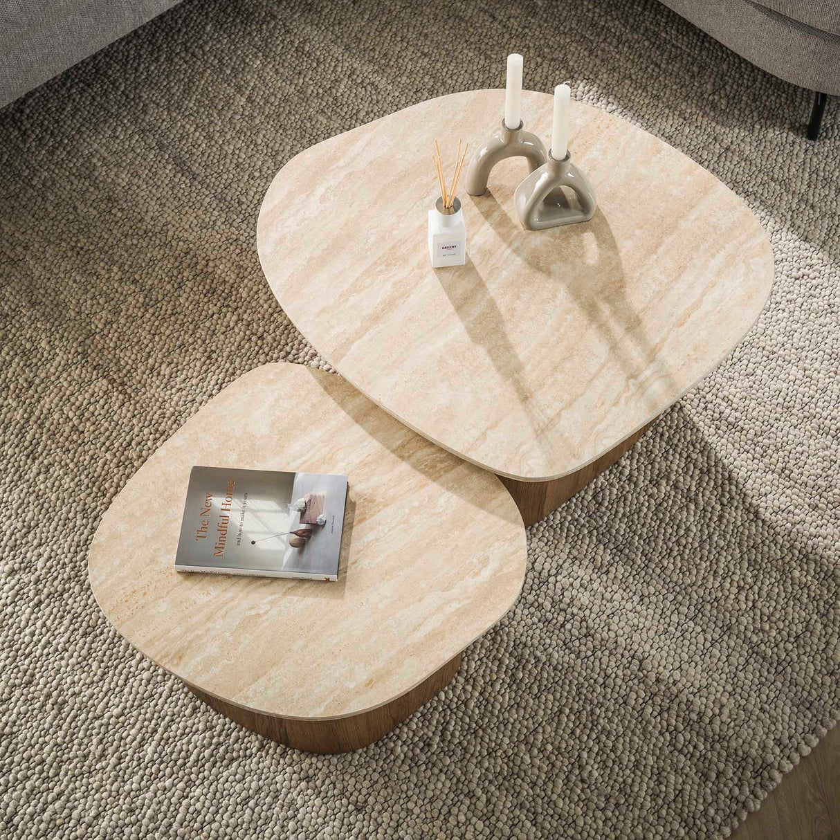 Couchtisch-Set von 2 Rio Kieselsteinform Keramik Holz 