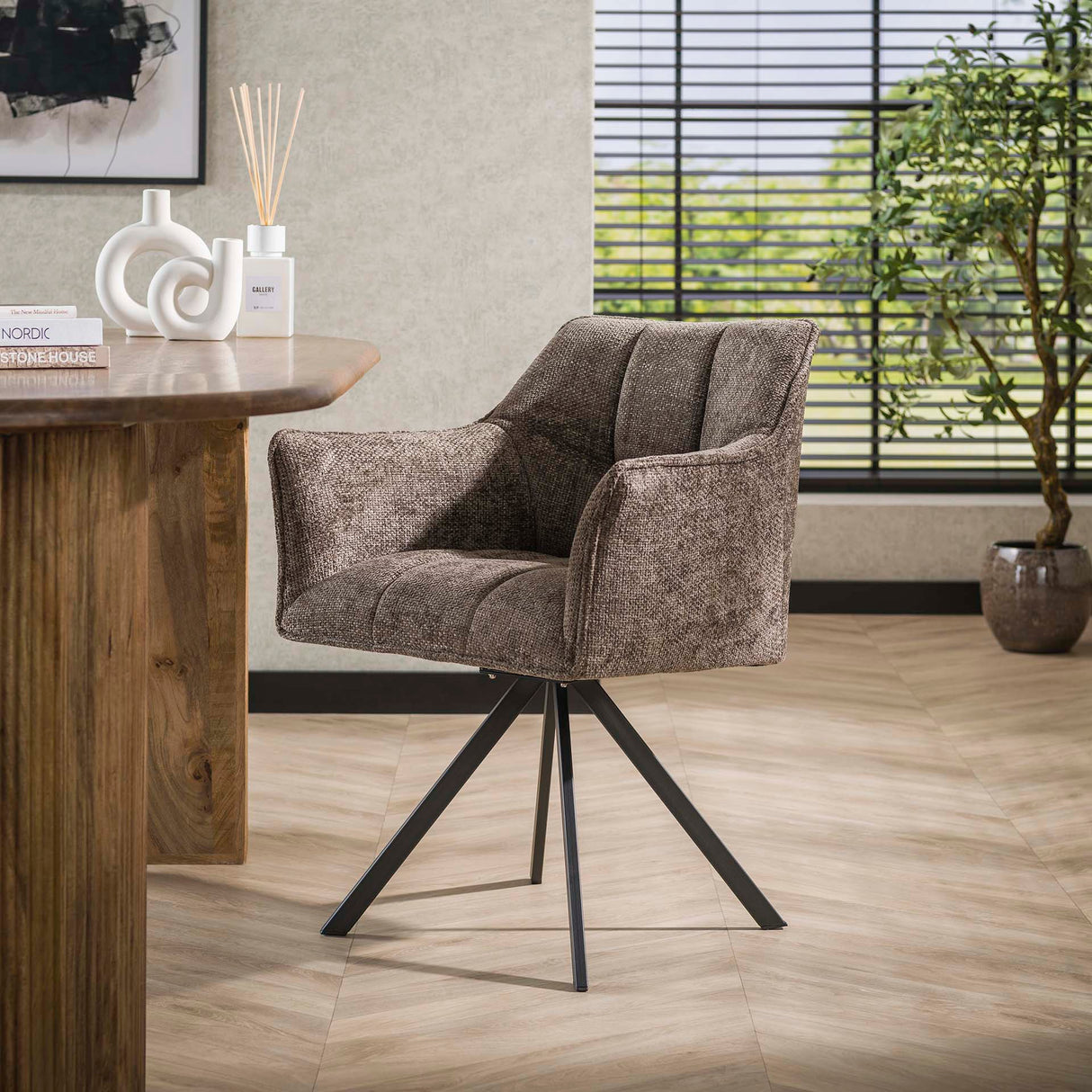 Set van 2 Eetkamerstoelen Lino Chenille Stof Rich Taupe Draaibaar