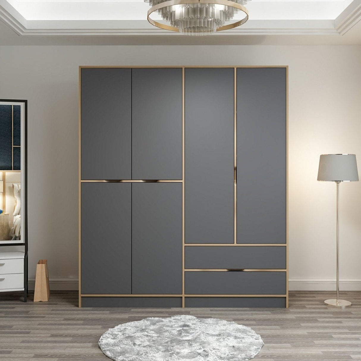 Garderobe Elina Anthrazit Gold Melamin 185x208x52 cm