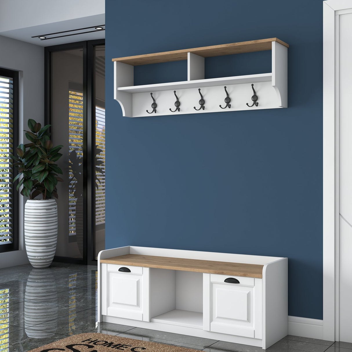 Möbelset Garderobe - Schuhschrank - Weiß-Walnuss Melamin 