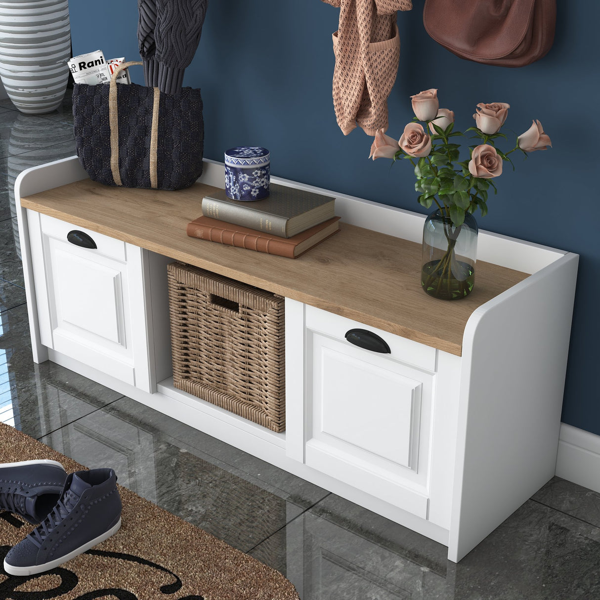 Möbelset Garderobe - Schuhschrank - Weiß-Walnuss Melamin 