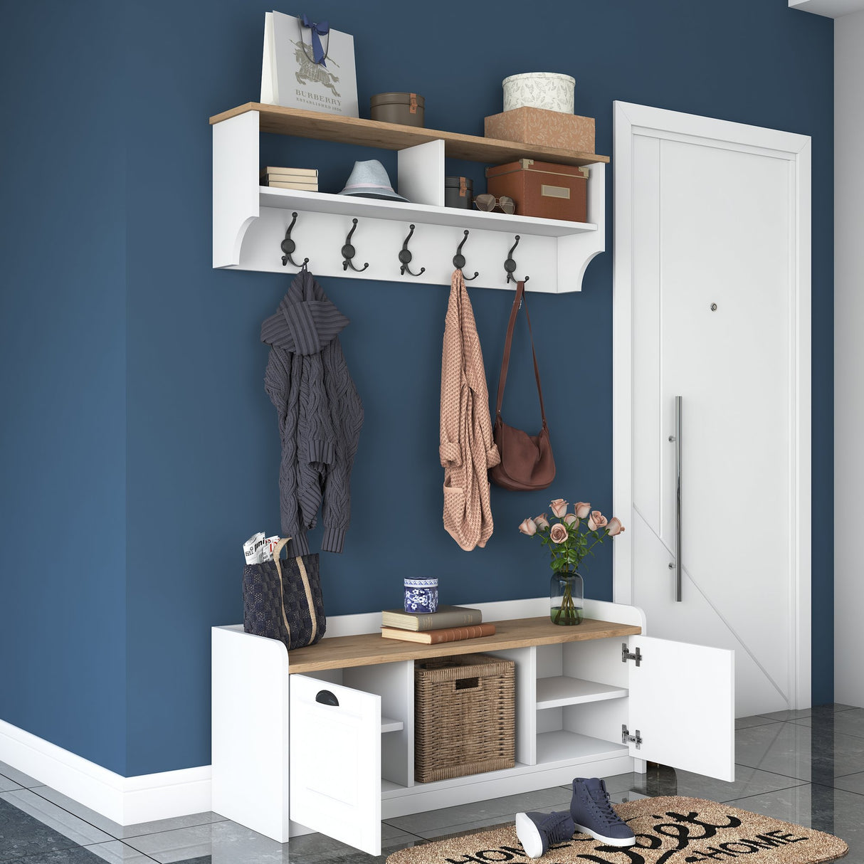 Möbelset Garderobe - Schuhschrank - Weiß-Walnuss Melamin 