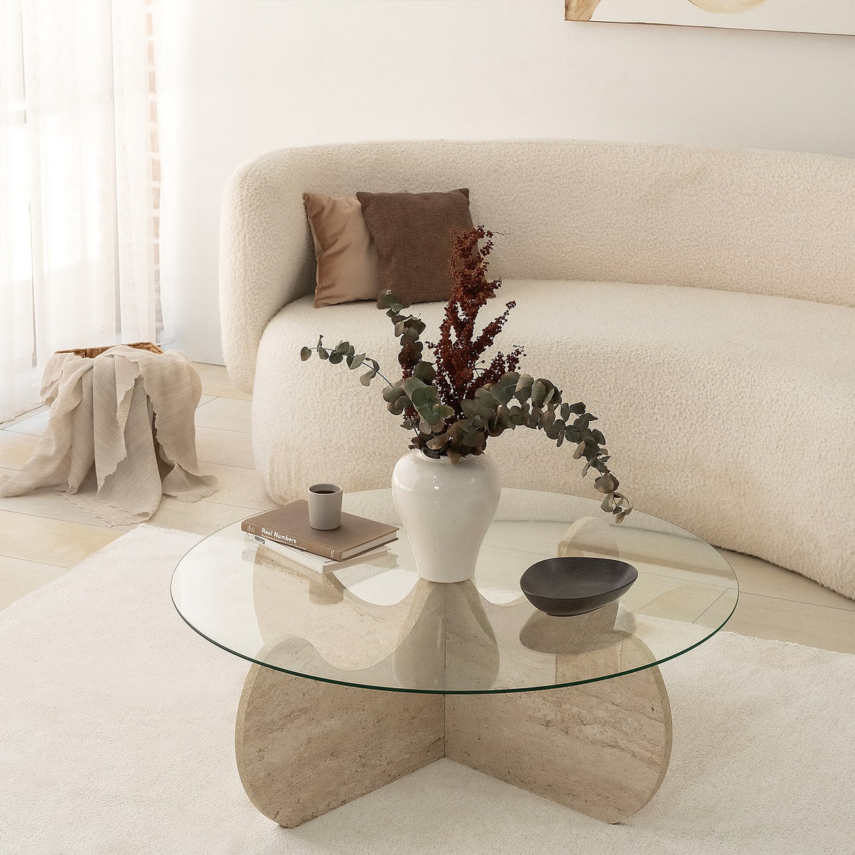 Couchtisch rund Glas 75 cm Travertin - Hima