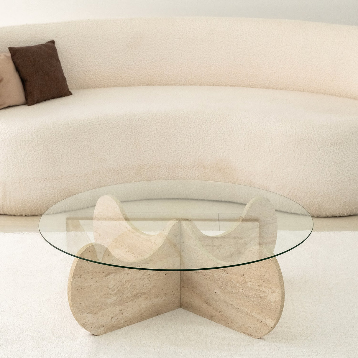 Couchtisch rund Glas 75 cm Travertin - Hima