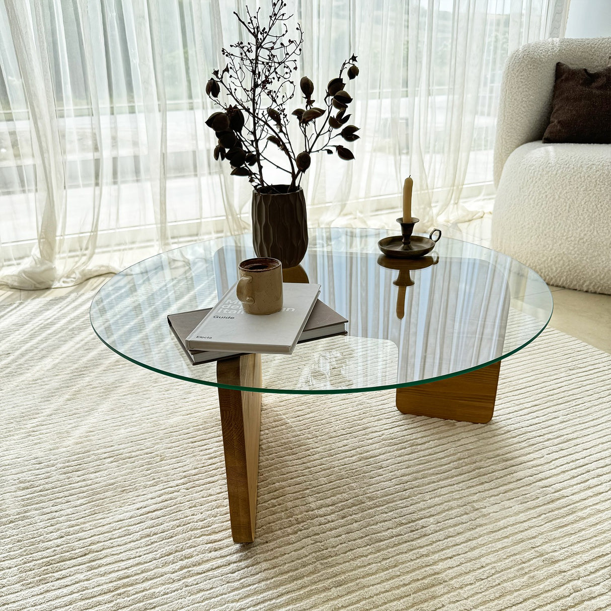 Runder Glas Mio Couchtisch - 75 cm - Holzgestell 