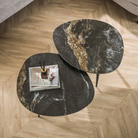 Niora Organischer Couchtisch Set aus 2 Keramik Fossil Schwarz 