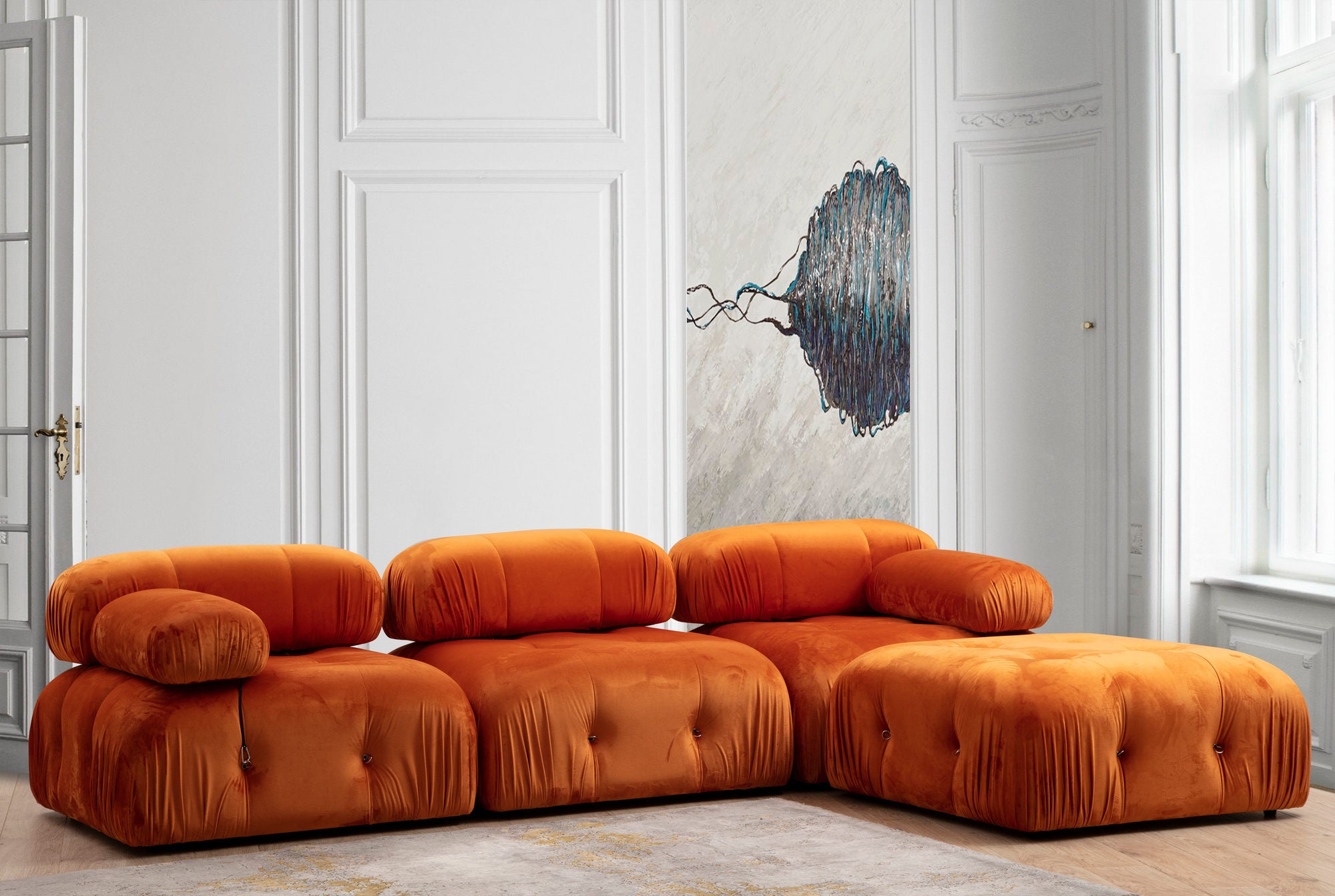 Modular Sofa 3 Sitzer mit Hocker Bubble Velvet Orange