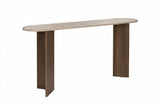 Weißer moderner ovaler Beistelltisch mit einer Platte in Travertin-Optik und einem Walnuss-Melamin-Untergestell. Stilvolles minimalistisches Design.