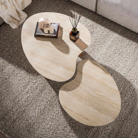 Set mit 2 Bio-Couchtischen Cruz – Keramik, Travertin-Eichenholzoptik, gerippt