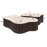 Witfoto met afmetingen set van 2 organische salontafels Cruz Grand met Taj Mahal keramiek bladen en donkerbruine ribbelbasis.