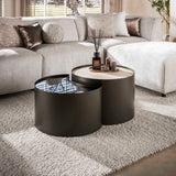 Salontafels - Set van 2 salontafels Moony – metalen frame & keramiek travertin look en glas - Dimehouse