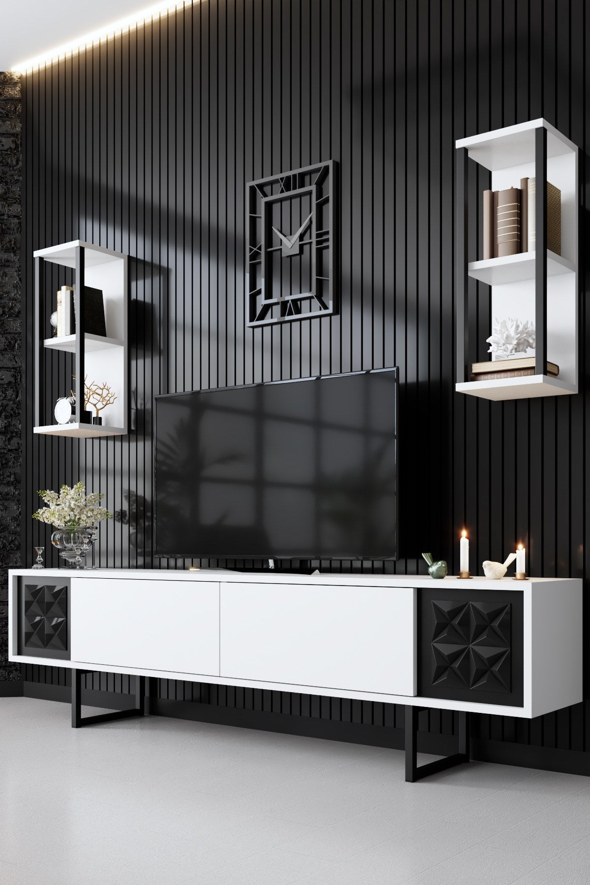 TV -Möbel Set Black Line White Black Melamin 180x48x30 cm