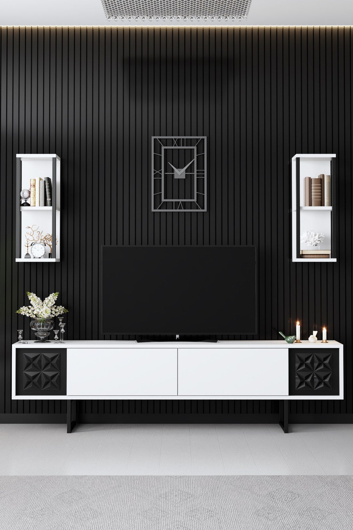 TV -Möbel Set Black Line White Black Melamin 180x48x30 cm