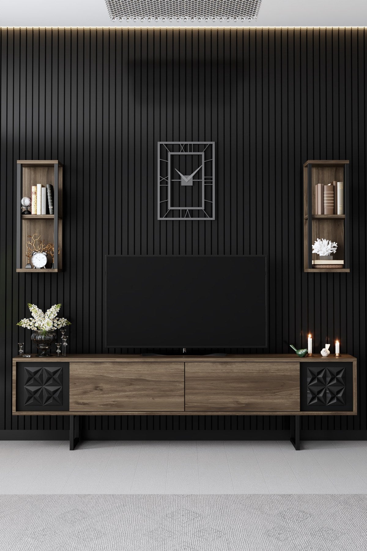 TV -Möbel Set Black Line Walnut Black Melamin 180x48x30 cm