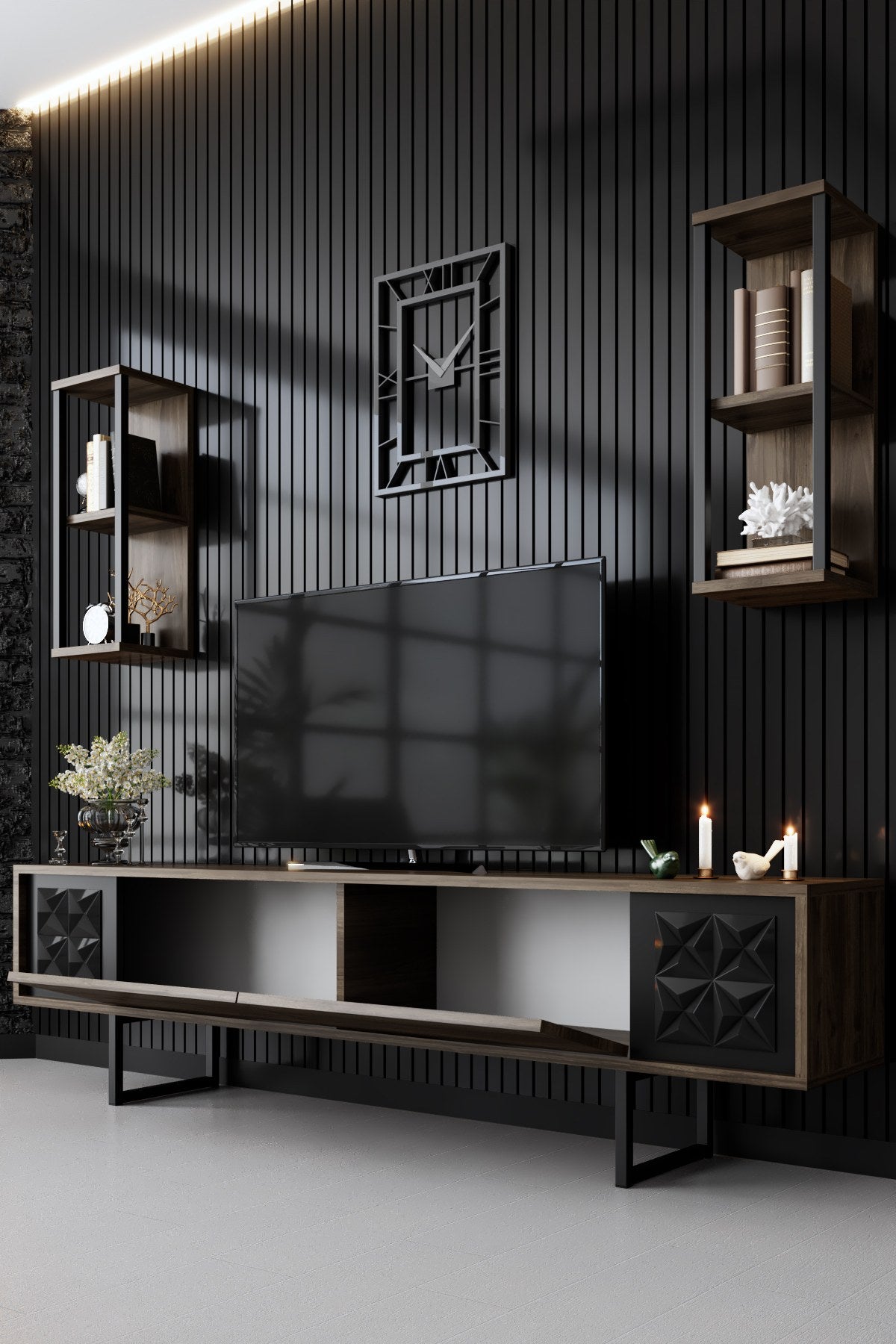 TV -Möbel Set Black Line Walnut Black Melamin 180x48x30 cm