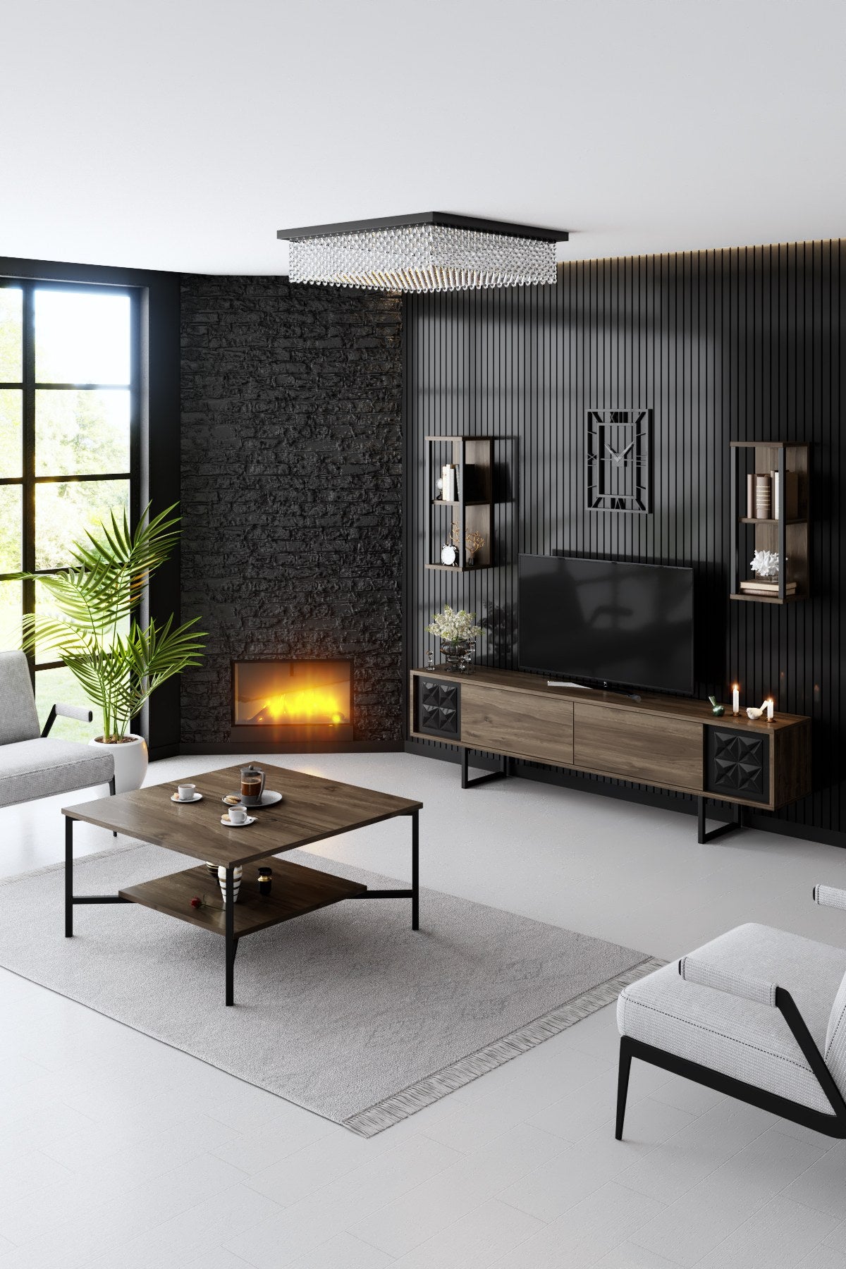 TV -Möbel Set Black Line Walnut Black Melamin 180x48x30 cm