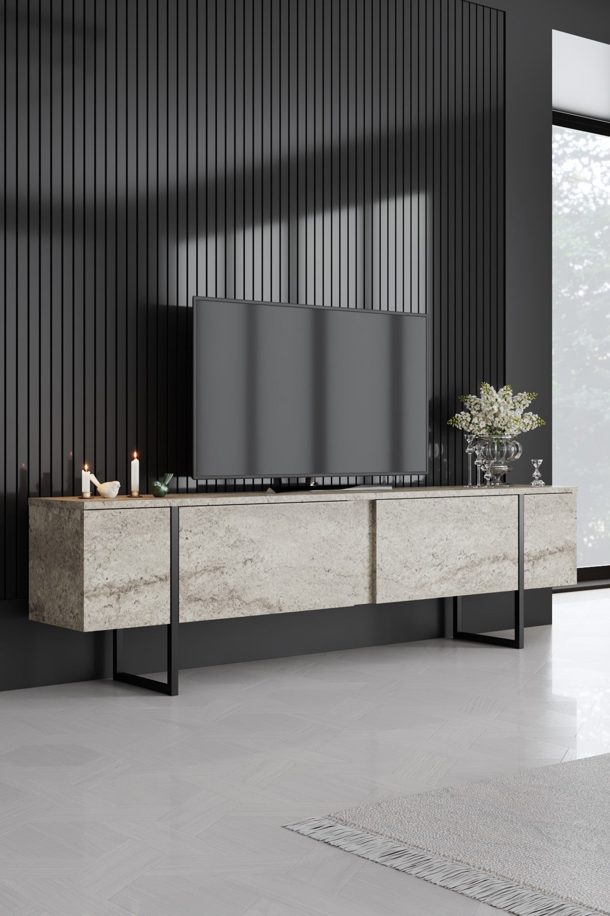Travertin Luxus-Möbelset - Couchtisch + TV-Schrank + Luxus-Kommode - Schwarzer Rahmen