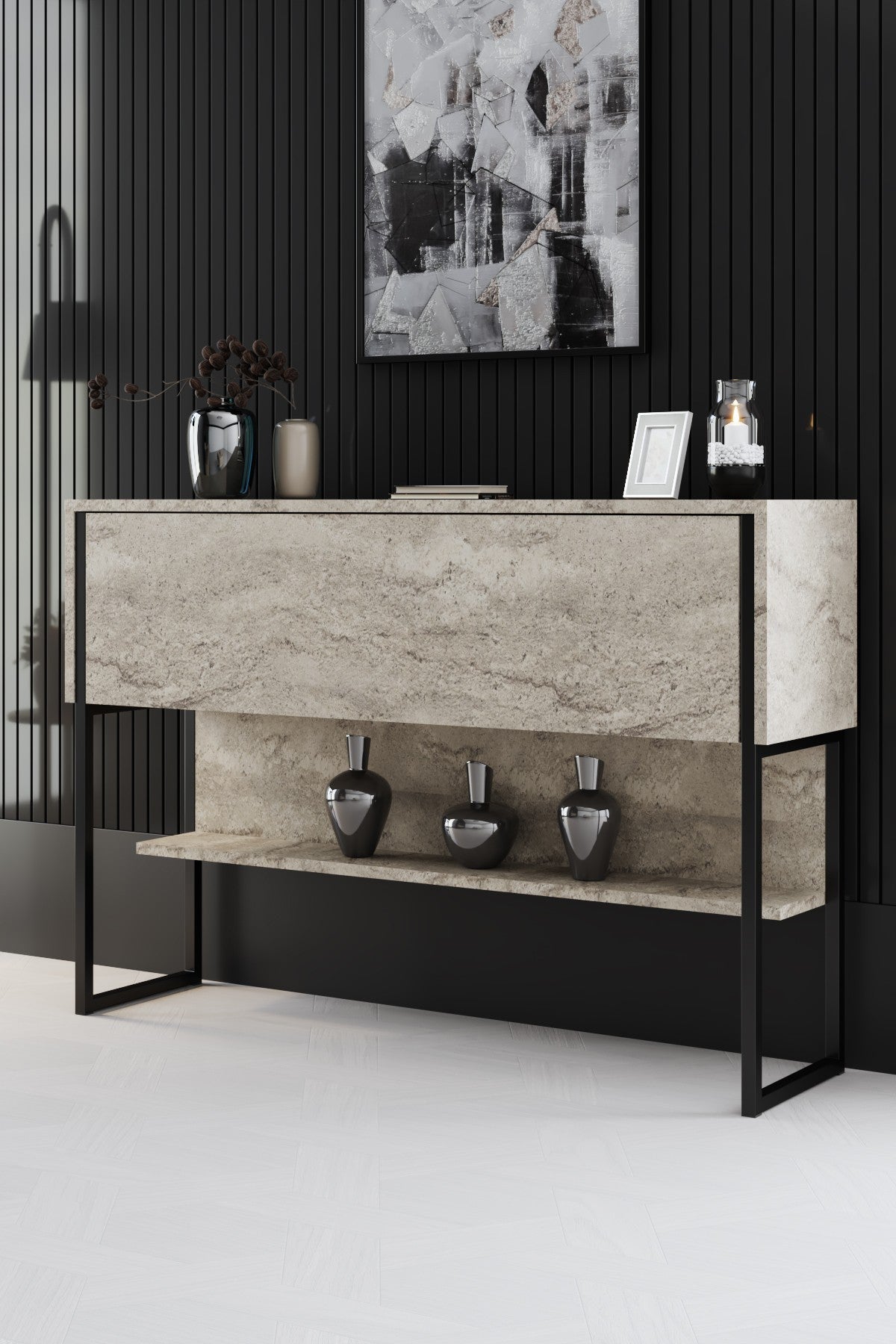 Travertin Luxus-Möbelset - Couchtisch + TV-Schrank + Luxus-Kommode - Schwarzer Rahmen