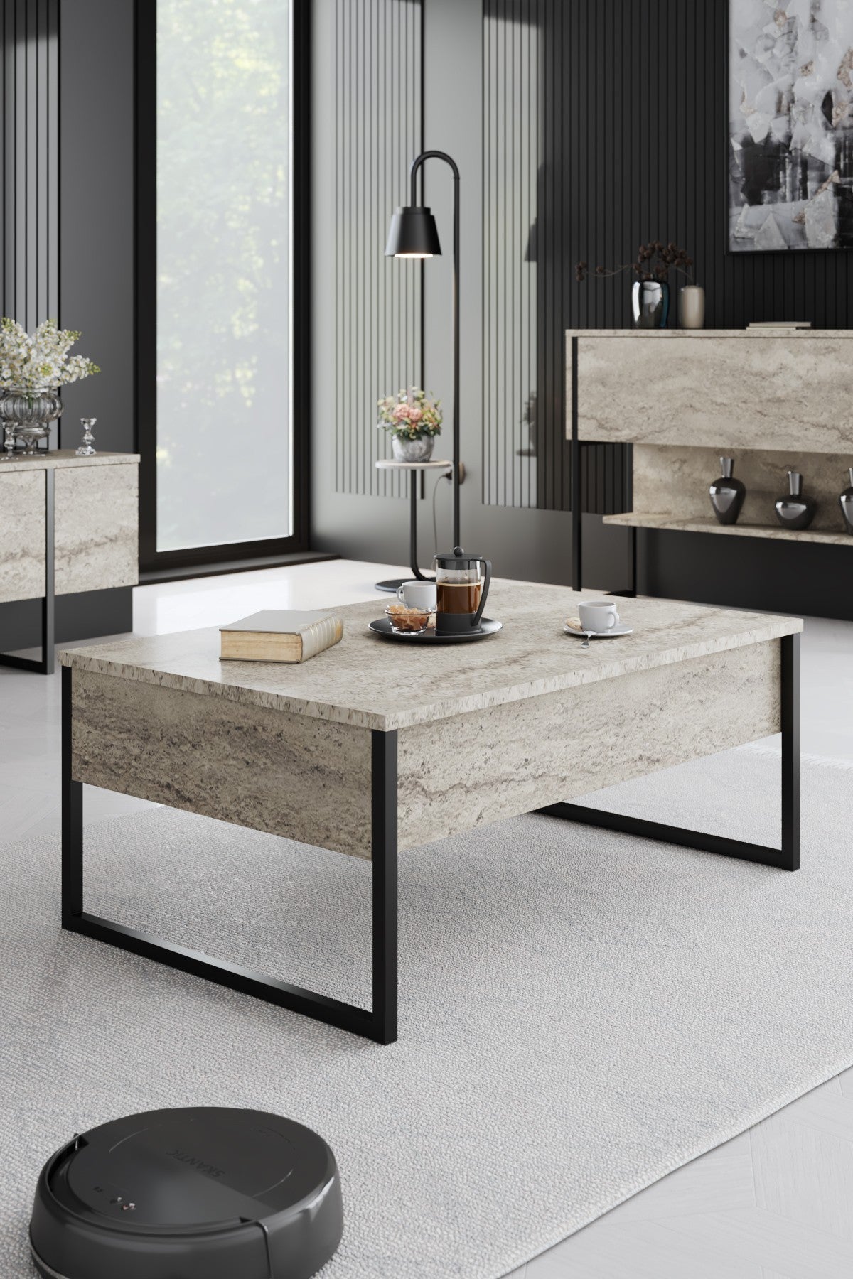 Travertin Luxus-Möbelset - Couchtisch + TV-Schrank + Luxus-Kommode - Schwarzer Rahmen