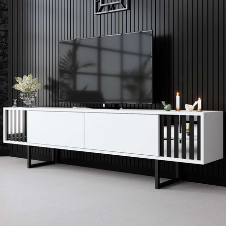 TV Meubels - TV Meubel Wit Chrome Line 180x48x30 - Zwart Frame - Dimehouse