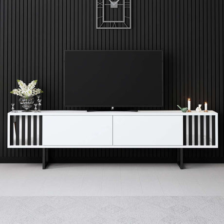 TV Meubels - TV Meubel Wit Chrome Line 180x48x30 - Zwart Frame - Dimehouse