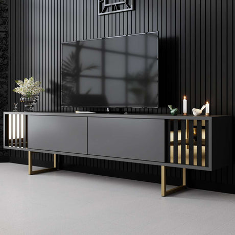 TV Meubels - TV Meubel Antraciet Gold Line 180x48x30 - Gouden Frame - Dimehouse
