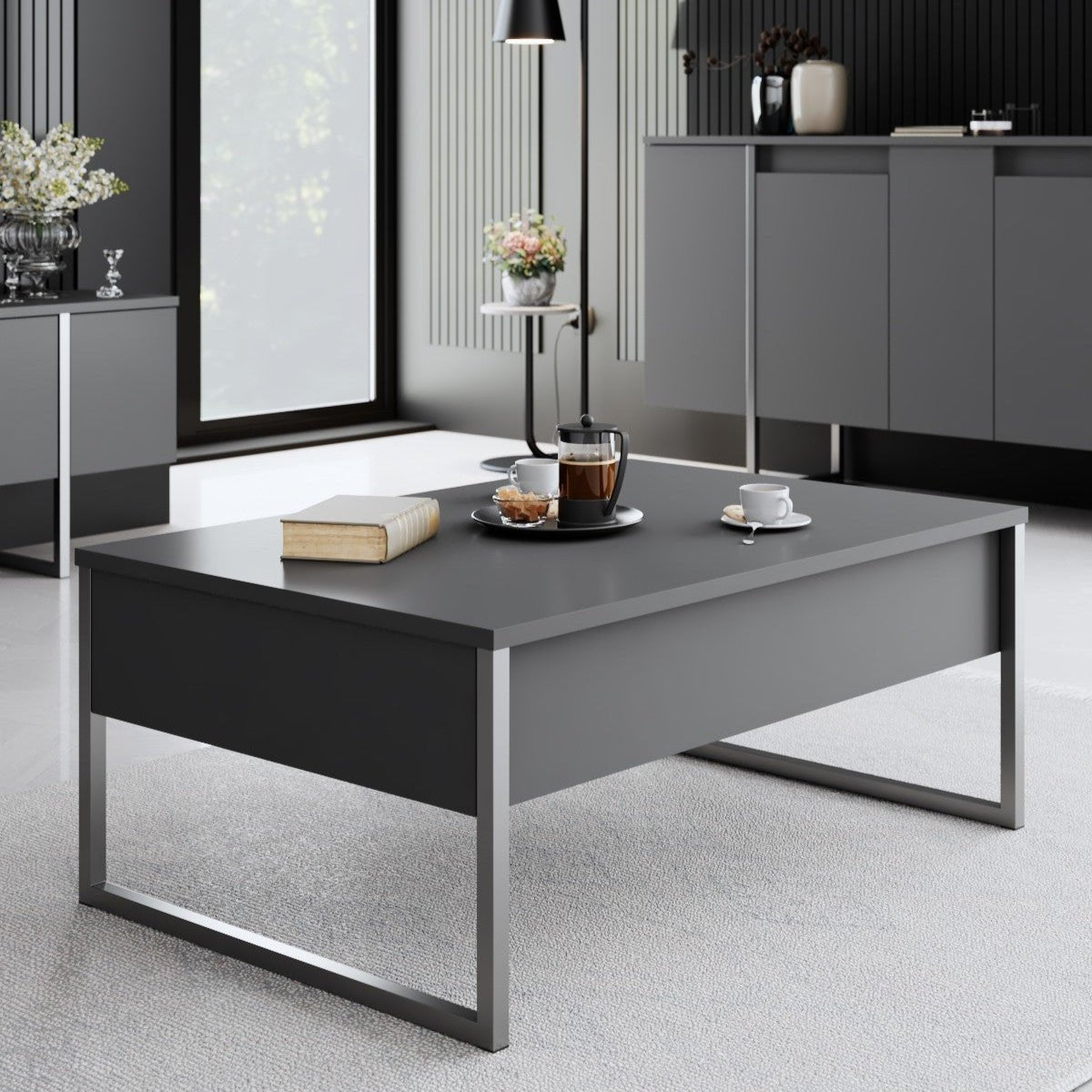 Rechteckig Couchtisch Anthrazit Luxus 90x60 – Silberner Rahmen – Dimehouse