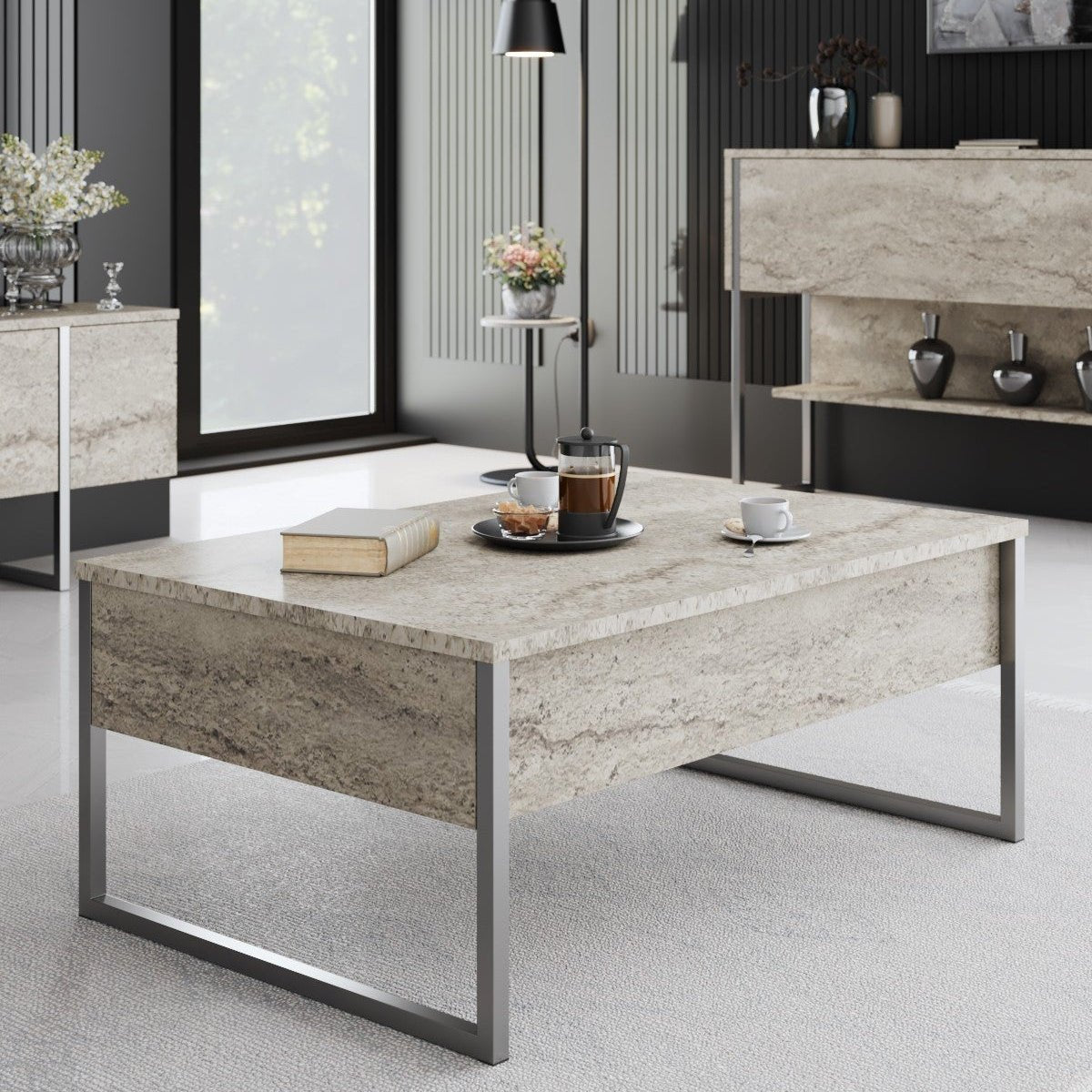 Rechteckig Couchtisch Travertin Luxus 90x60 – Silberrahmen – Dimehouse