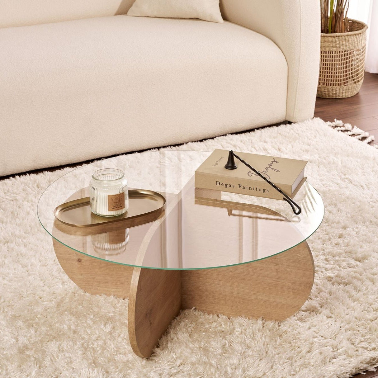 Couchtisch Aris Rund 75 cm Glas - Melamin Eichenholz 